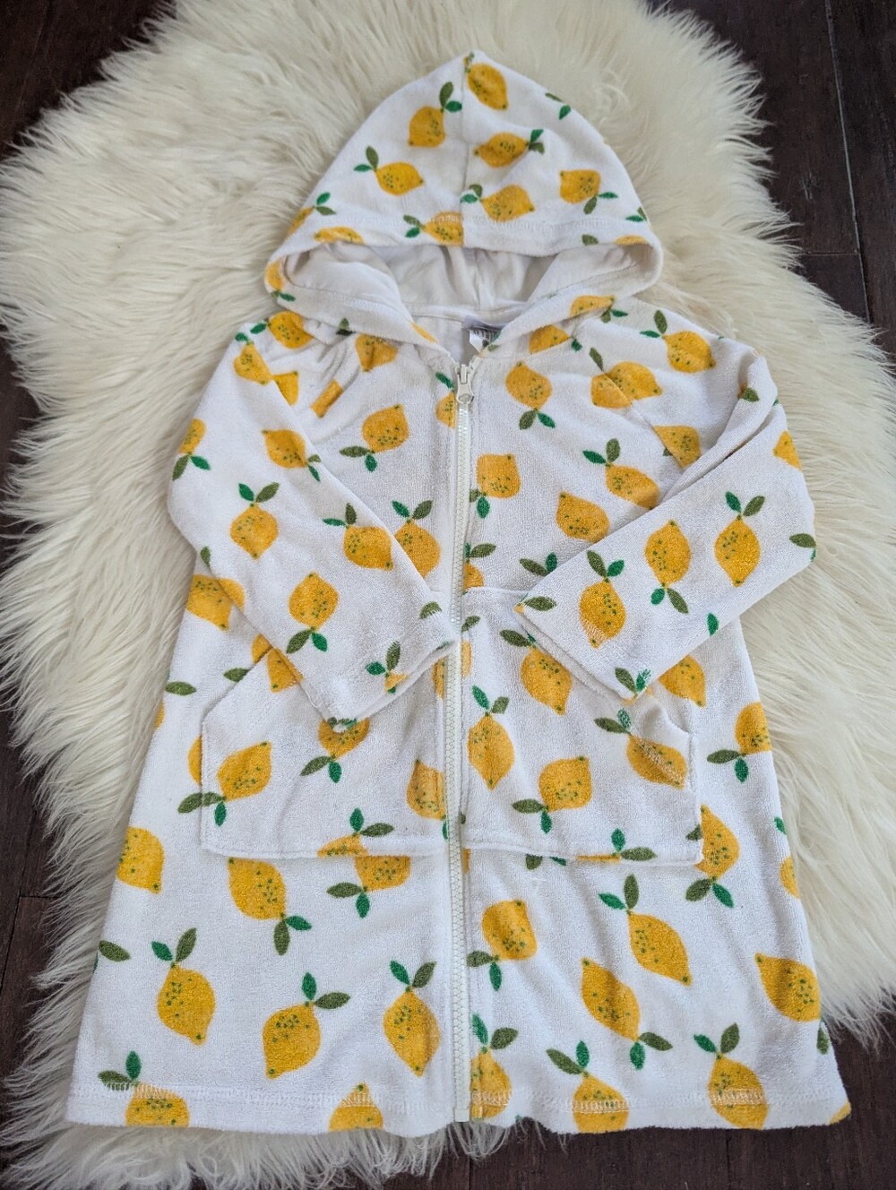 Hanna Andersson Sunsoft Terry Hoodie Cover-Up Dress White Lemon 100 4T Full Zip